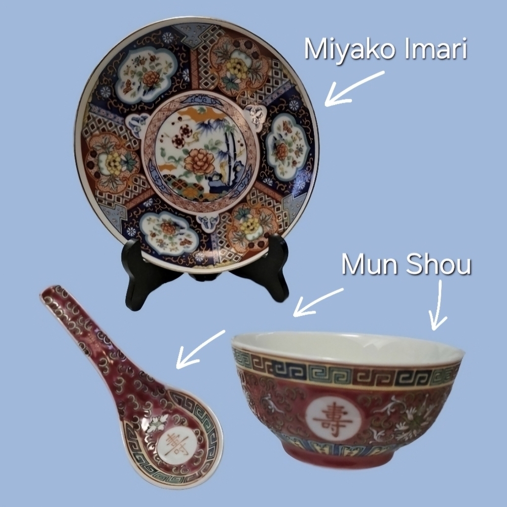 Porcelain Japanese Miyako Imari Ware Plate, Chinese Mun Shou Rice Bowl Spoon EUC